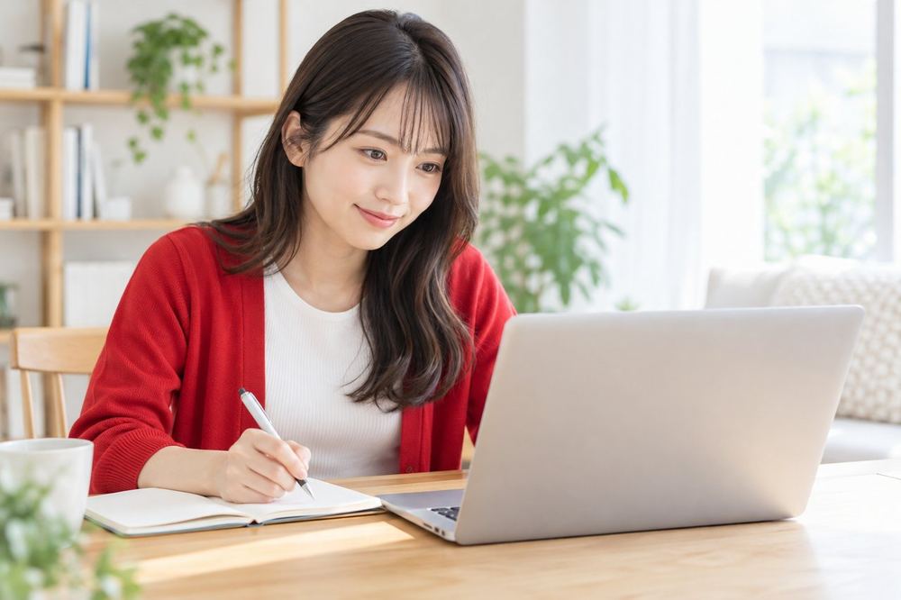 20代の女性が部屋のテーブルでノートパソコンを開き、公式のページを読みながらメモを取っている