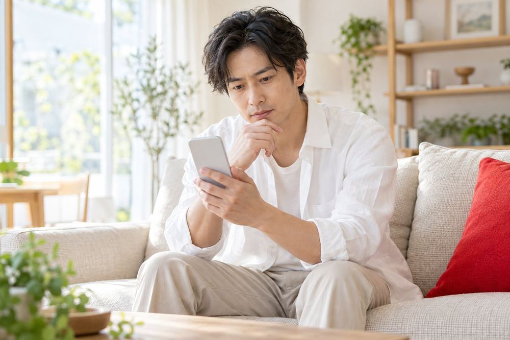 30代の男性がソファでスマホを持ち、画面に映った配信の入り口をじっと見ている