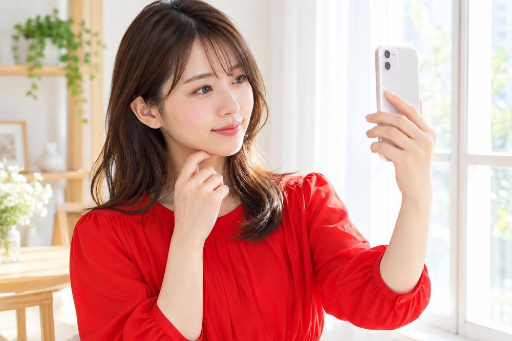 20代の女性が窓際でスマホのカメラを自分に向け、画面に映る顔の明るさを確かめている