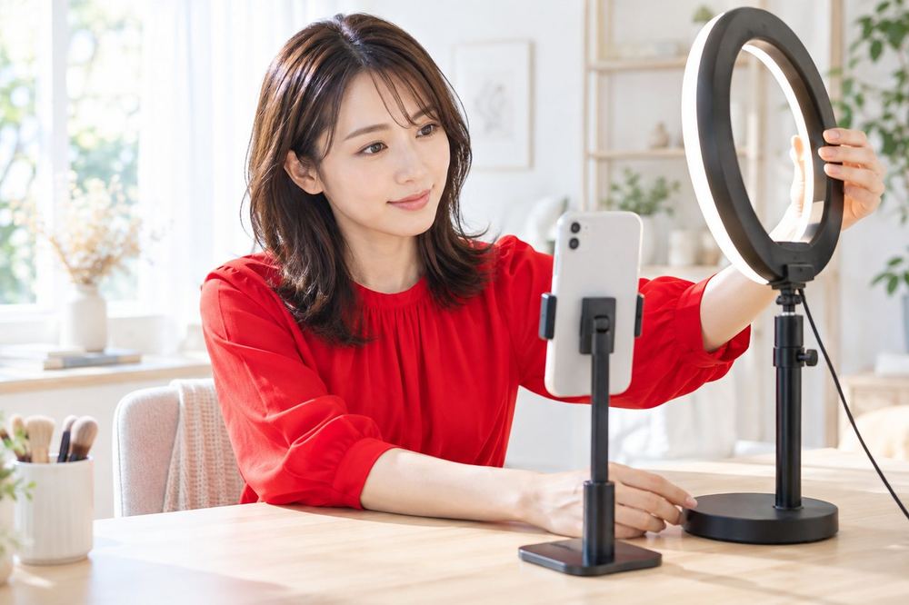 30代の女性がデスクでスマホをスタンドに立て、リングライトの位置を少しずつずらして調整している
