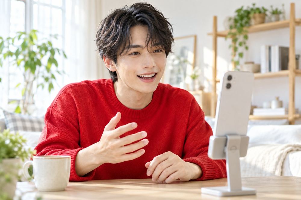 20代の男性が部屋でスマホに向かって笑顔で話しかけ、コメントに答えている