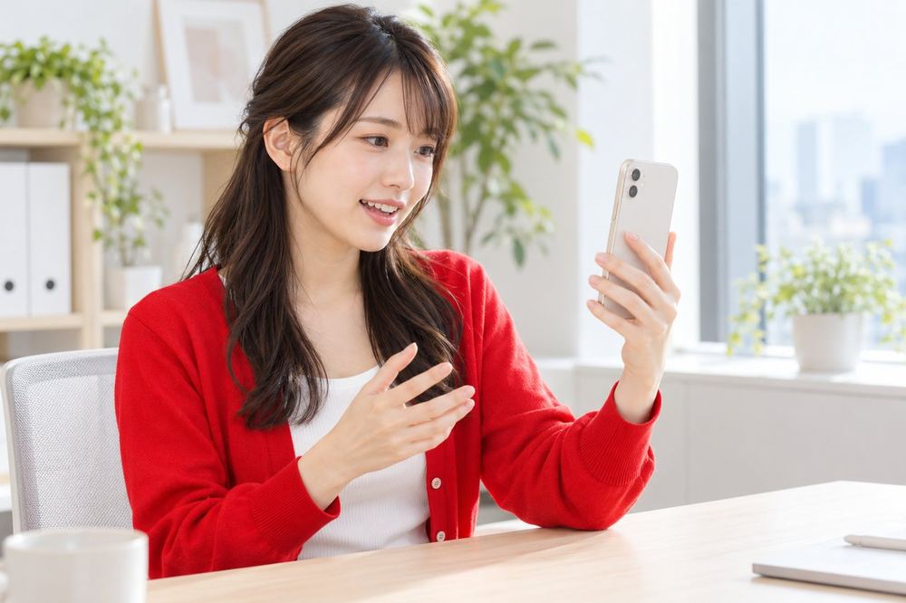 20代の女性がオフィスの一室で、スマホのビデオ通話越しに担当者へ配信の相談をしている