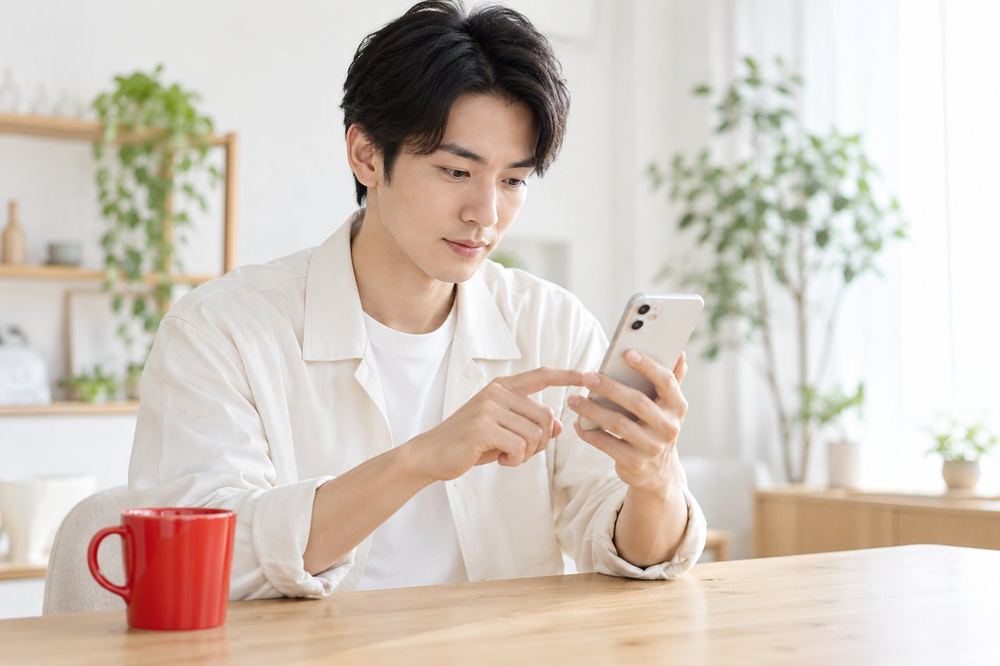 男性が机でスマホの設定画面を自分の方に向け、ひとつずつ項目を確かめている