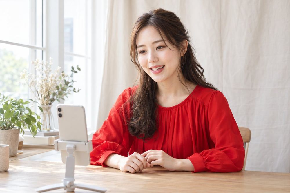 女性が窓際の明るい席でスマホに向かい、背景の布を整えてから落ち着いて話しはじめている