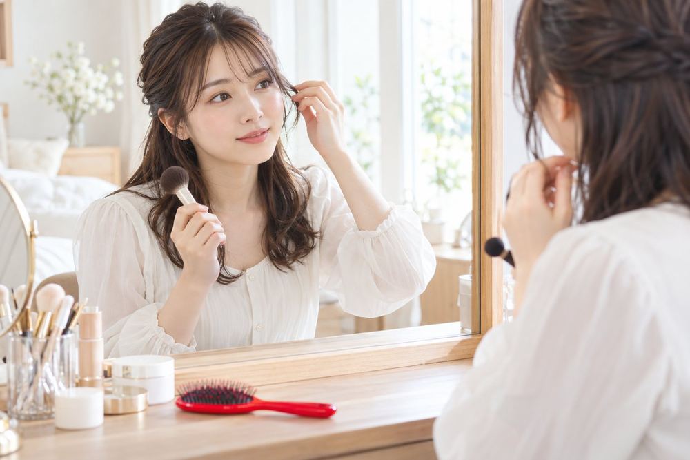 女性が鏡の前で髪型とメイクを整え、配信用の見た目を確かめている
