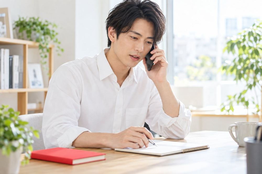 男性がデスクでメモを見ながら電話をかけ、状況を整理して相談している