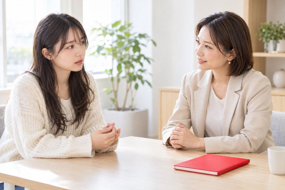 女性が落ち着いた部屋でマネージャー役の人と向かい合い、顔出しの不安について話している