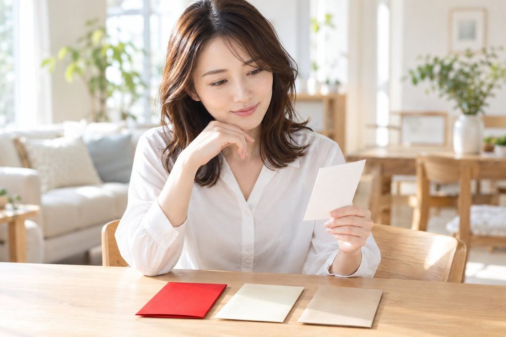 女性がテーブルに3つの予算の袋を並べ、何を買うかメモを見ながら考えている