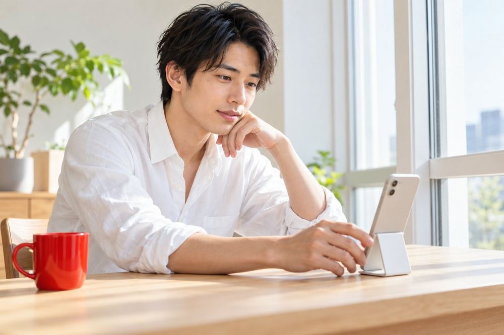 男性が部屋の窓際にスマホを立てかけ、光の入り方を確かめている