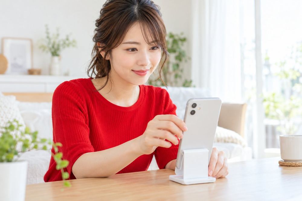 女性がスマホスタンドにスマホを置き、画面の映り方を確かめている