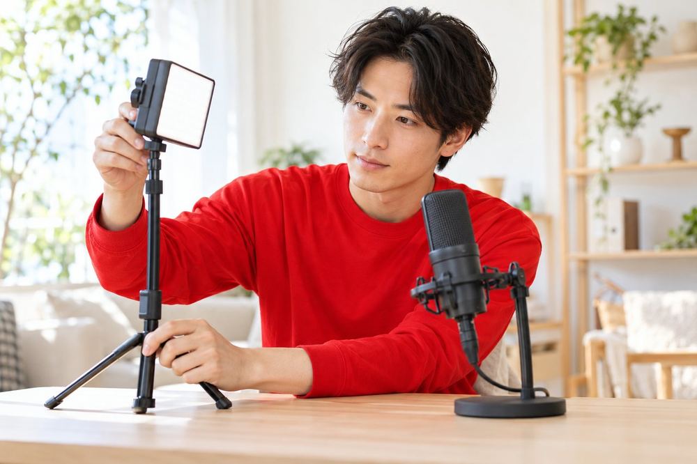 男性が机の上にスタンド、ライト、マイクを並べ、組み合わせを確認している