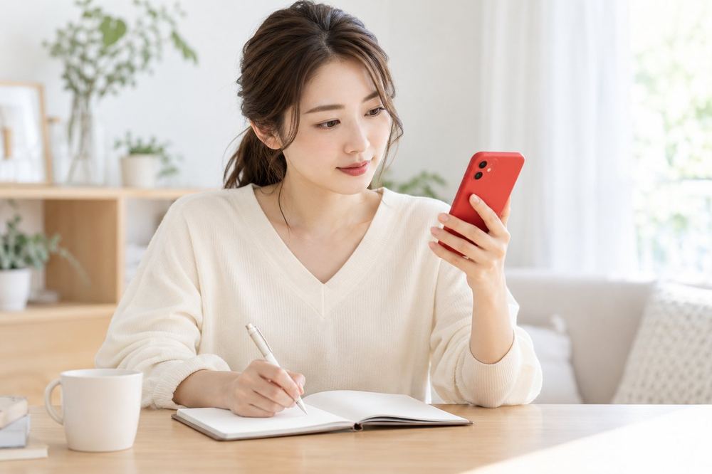 女性がスマホで商品ページを見ながら、ノートに確認事項を書き出している