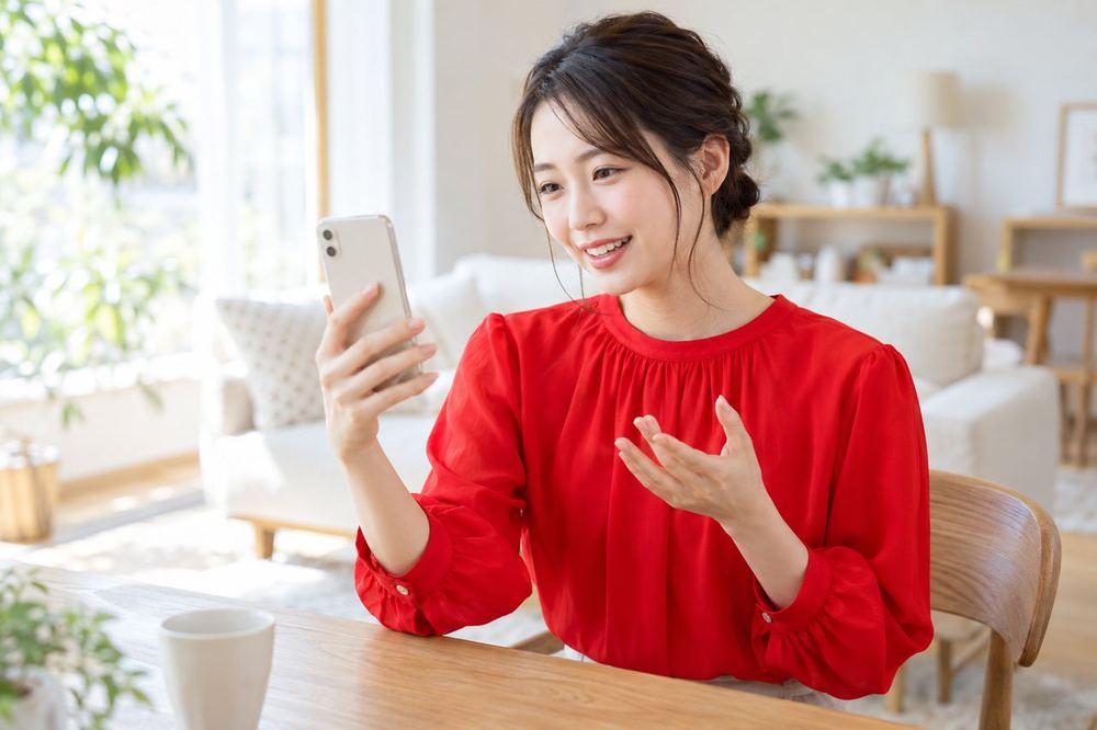 女性が自宅の部屋で、スマホを使ってマネージャーとビデオ通話をしている