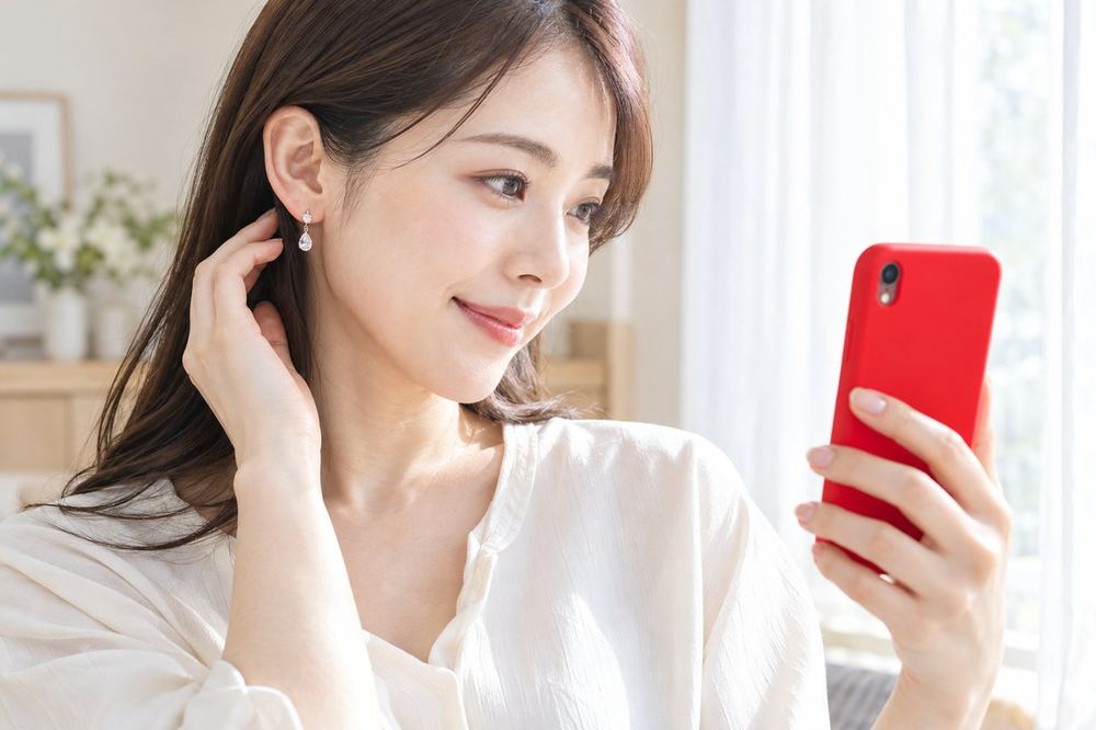 女性が窓際でスマホの画面に映る自分の耳元を見ながら、つけているピアスの光り方を確かめている