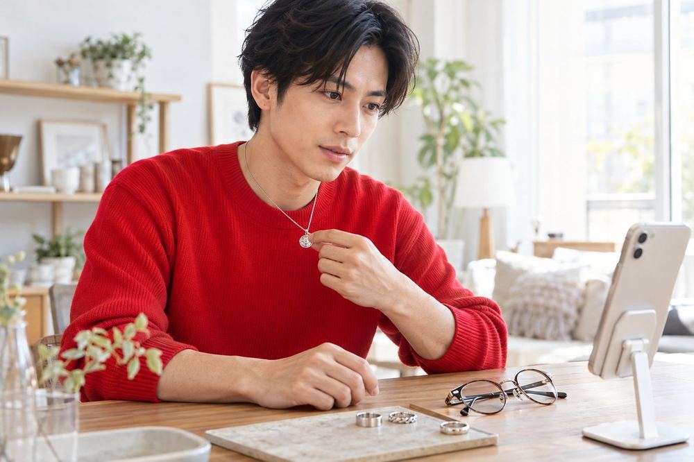 男性が机の上に並べたネックレスとメガネと指輪を手に取り、配信で映るかどうかを一つずつ確かめている