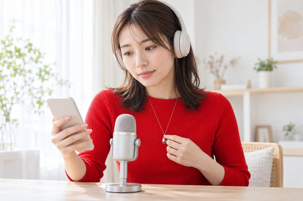 女性がスマホの画面を見ながら、ネックレスが服にこすれて立てる音をマイクで聞き返して確かめている