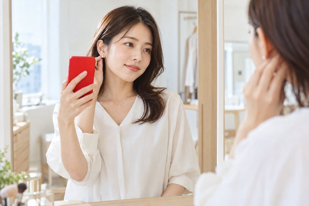 女性が鏡の前でシンプルなピアスとネックレスを合わせ、スマホで撮った自分の映りと見比べている