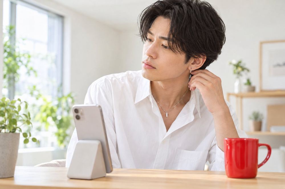 男性が部屋の机にスマホを立てて、首を左右に動かしながら画面でアクセサリーのずれと光り方を確かめている