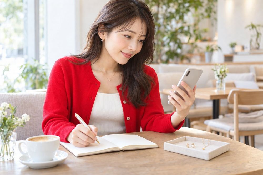 女性がカフェのテーブルでスマホを見ながら、自分に合うアクセサリーの相談内容をメモにまとめている
