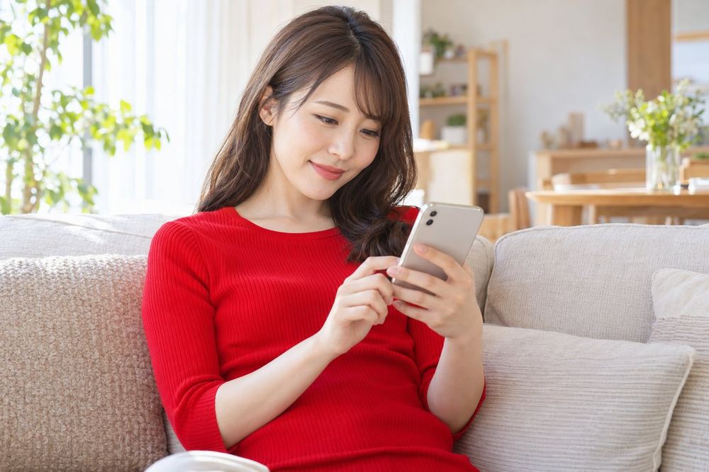 ソファに座った女性が、スマホでいくつかの配信画面を見比べている