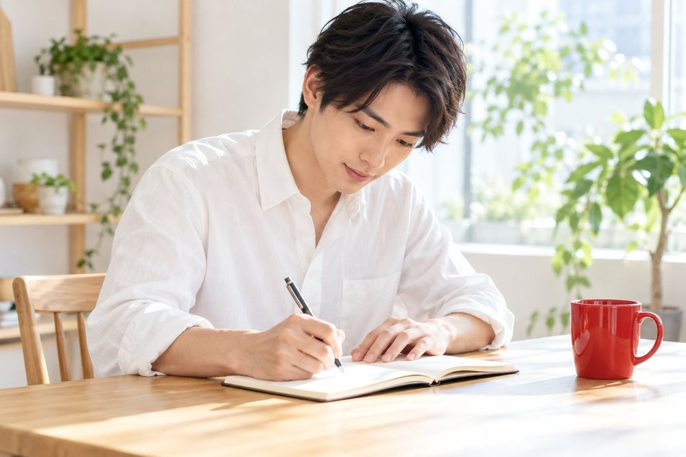 机でノートに配信の目的と条件を書き出している20代の男性