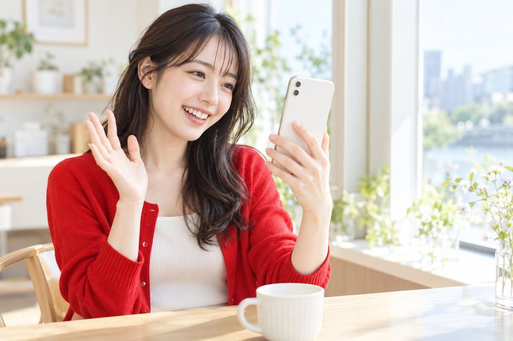 窓際の明るい席で、スマホに向かって笑顔で話しかけている20代の女性