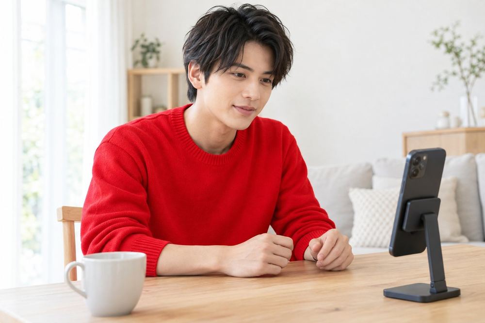 スタンドに立てたスマホの前で、配信前の画面を確かめる20代の男性
