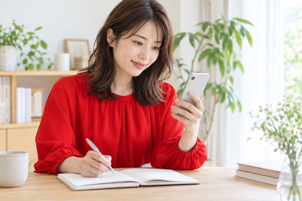 机でスマホの画面を見ながら、収入や手続きについてノートにメモを取る女性