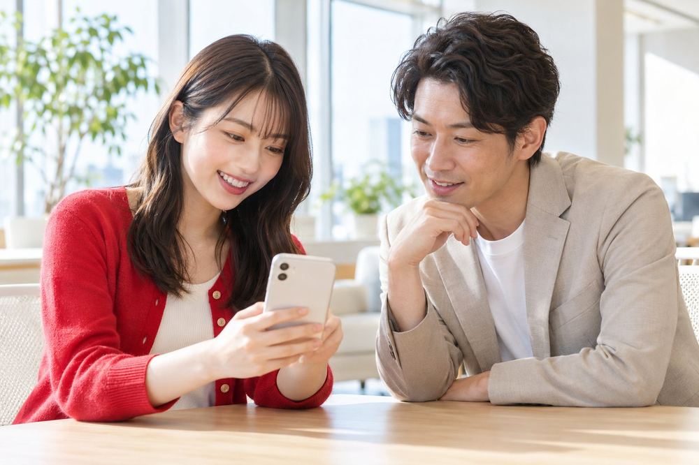 明るい会議室で、スマホの配信画面を見ながらマネージャーと話している20代の女性