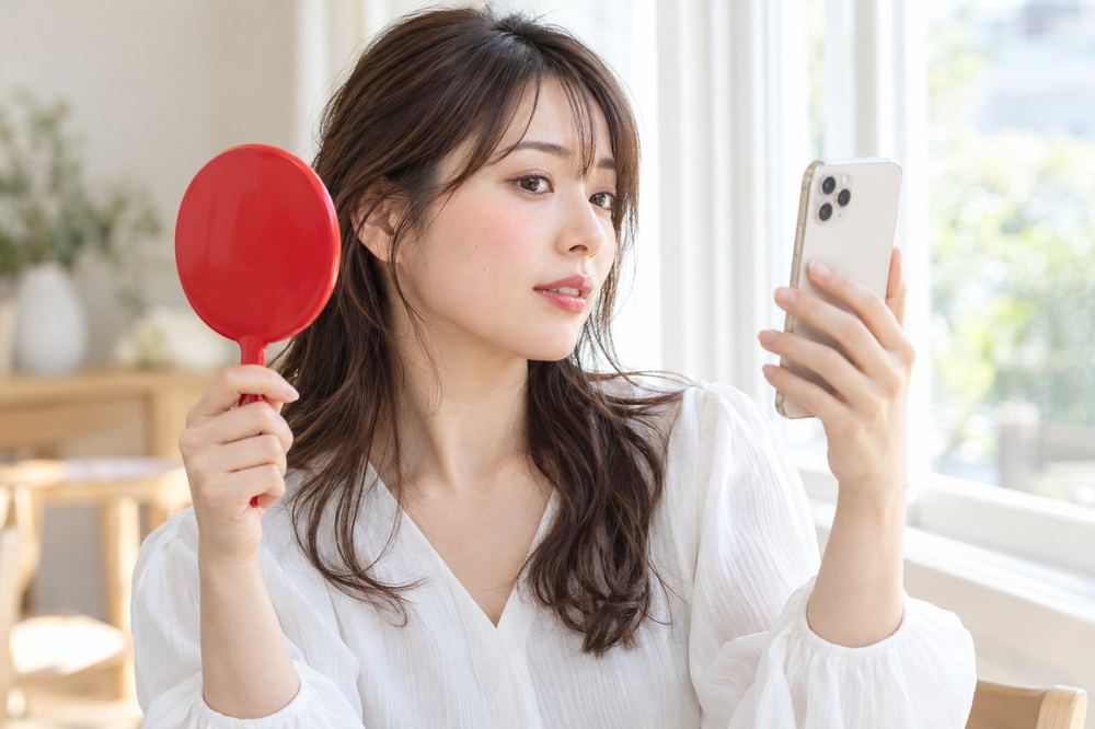 女性が窓際で手鏡とスマホのカメラ画面を見比べながら、頬の色の見え方を確かめている
