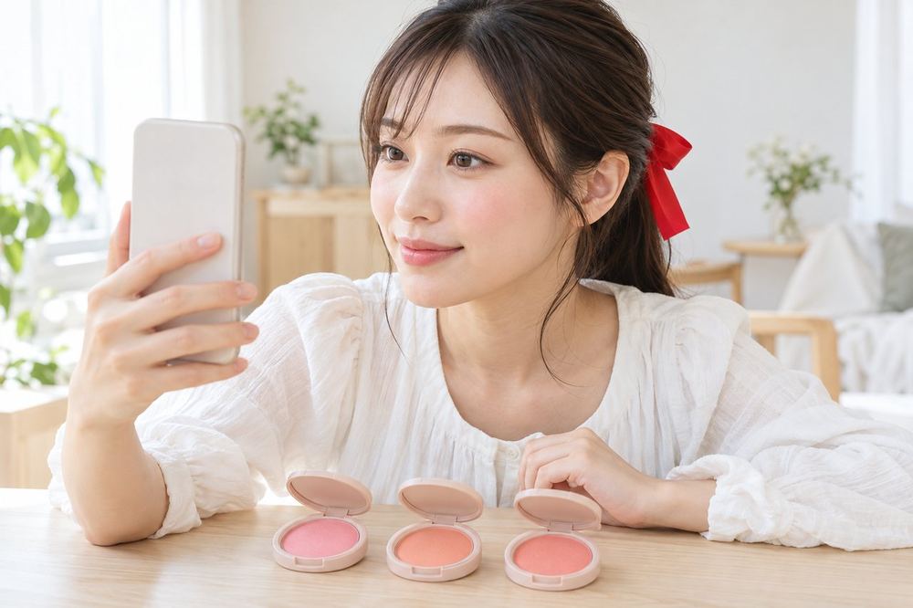 机の上に並べた3色のチークを前に、女性がスマホのカメラで頬にのせた色を確認している