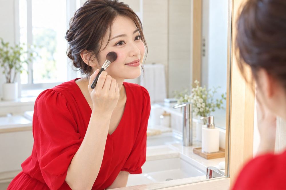 洗面台の前で女性が笑顔をつくって頬の高い位置を確かめながら、ブラシでチークをのせている