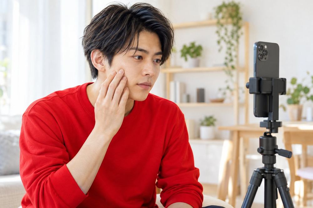 三脚に立てたスマホの前に座り、練習用の画面で自分の頬の色を確かめている20代の男性