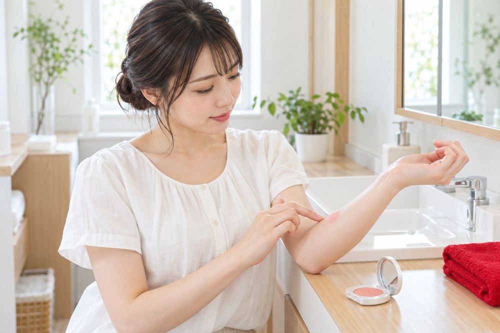 洗面所で、20代の女性が初めて使うチークを腕の内側に少量のせて、肌に合うかを確かめている