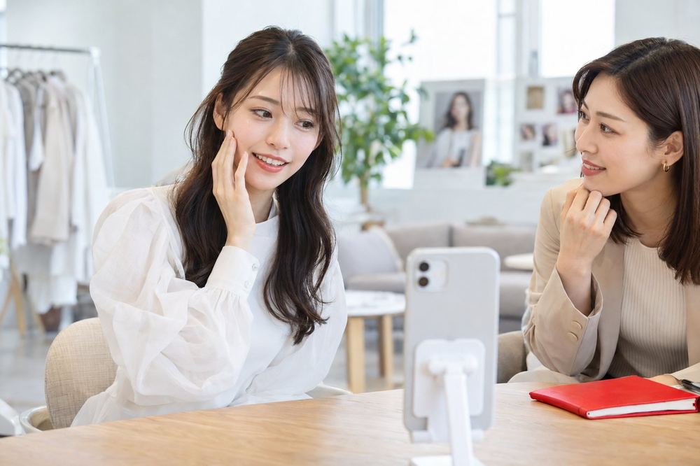 明るい打ち合わせスペースで、マネージャーとカメラへの映り方について話している20代の女性