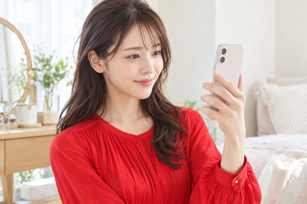 女性がスマホを手に持ち、配信の開始前に画面に映る自分の表情を確かめている