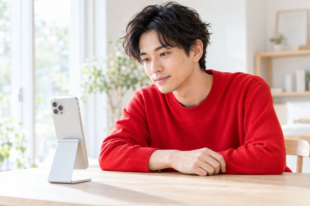 男性が窓際の机にスマホを立てて、顔の明るさと背景の見え方を確かめている