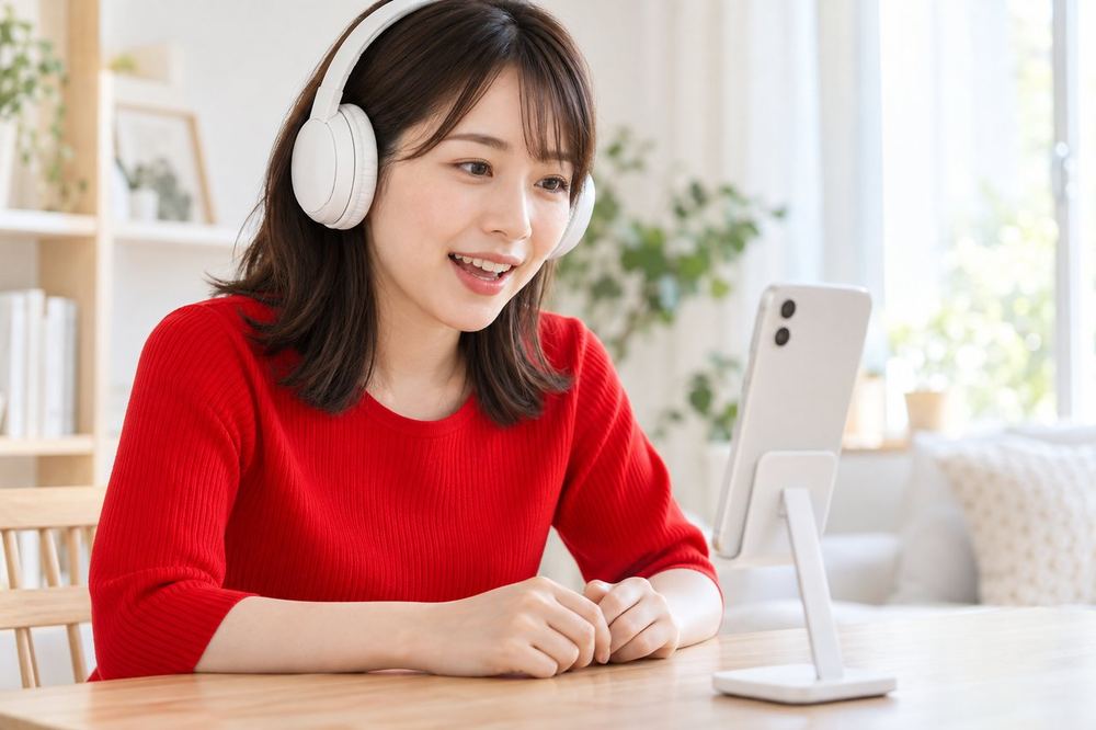 女性がヘッドホンをつけて、スマホに向かって最初の挨拶を声に出して練習している
