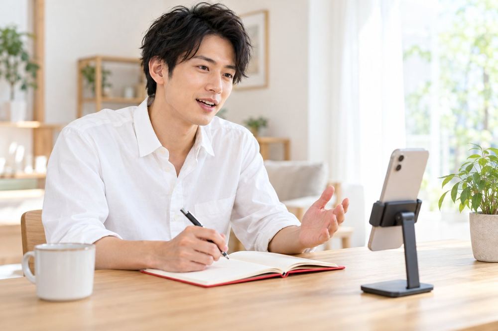 男性がノートに最初の挨拶と話す順番を書き出し、スマホの前で読み上げている