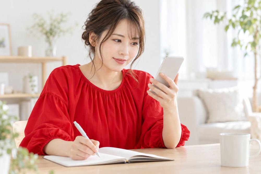 女性がスマホの画面を見ながら、配信の見返しのメモに気づいた点を書き込んでいる