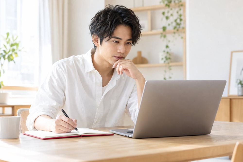 男性がパソコンの前で、前回の配信の最初の部分を見返しながらメモを取っている