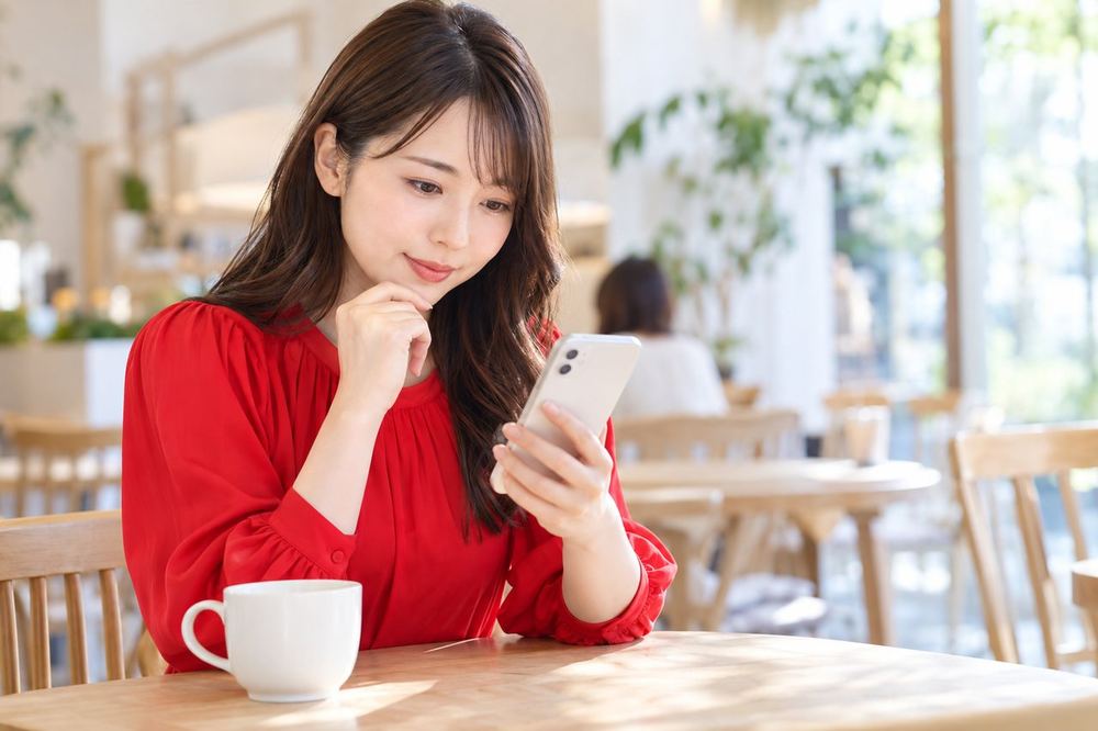 女性がカフェのテーブルでスマホのメッセージ画面を見ながら、配信の悩みを相談する内容を考えている