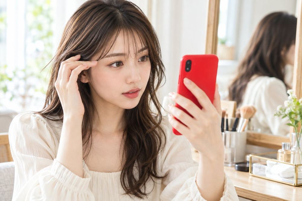 20代の女性が鏡の前でメイクをしたあと、スマホのインカメラに映った目元を見比べている