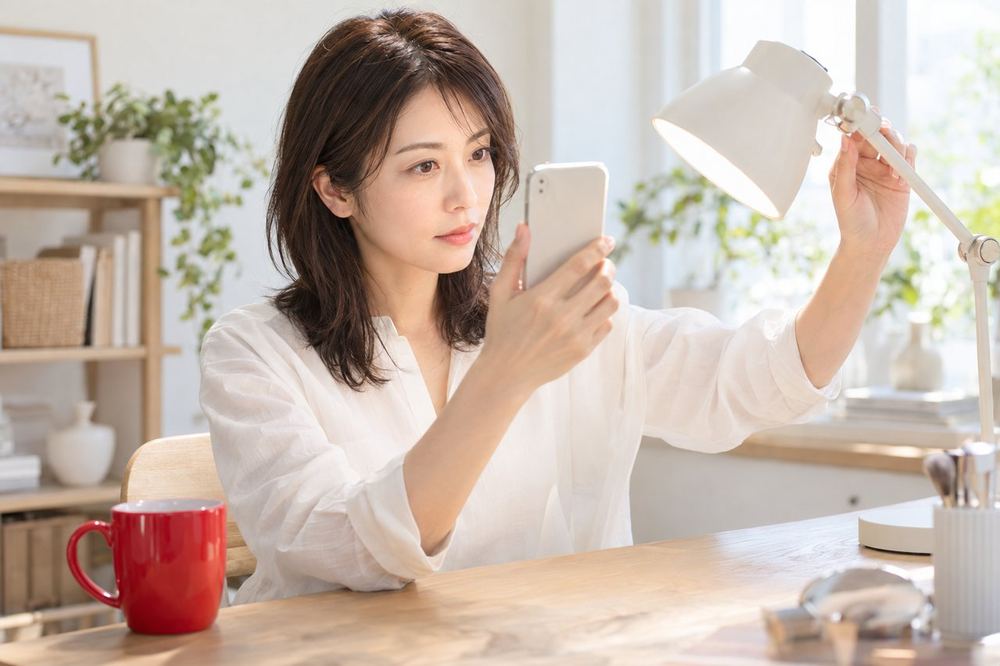 30代の女性がデスクの上のライトを顔の正面に動かし、スマホの画面で目元の影を確かめている