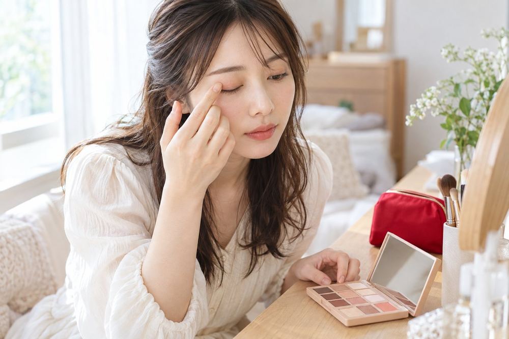 20代の女性が机の上のパレットから薄い色のアイシャドウを選び、指でまぶたになじませている