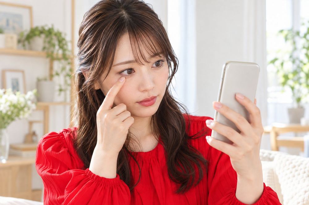 20代の女性が配信前にスマホの画面を自分に向け、目の下のにじみがないかを指で確かめている