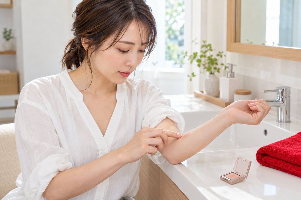 30代の女性が洗面所で、初めて使うアイシャドウを腕の内側に少量のせて、肌に合うか確かめている