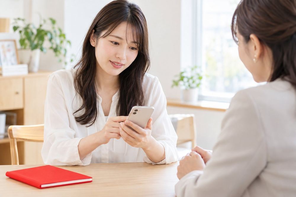 20代の女性が机でスマホを見ながら、落ち着いた表情で誰かと相談している