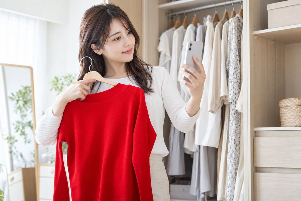 20代の女性がクローゼットの前で、スマホのカメラに映る自分の姿を確かめながら服を選んでいる
