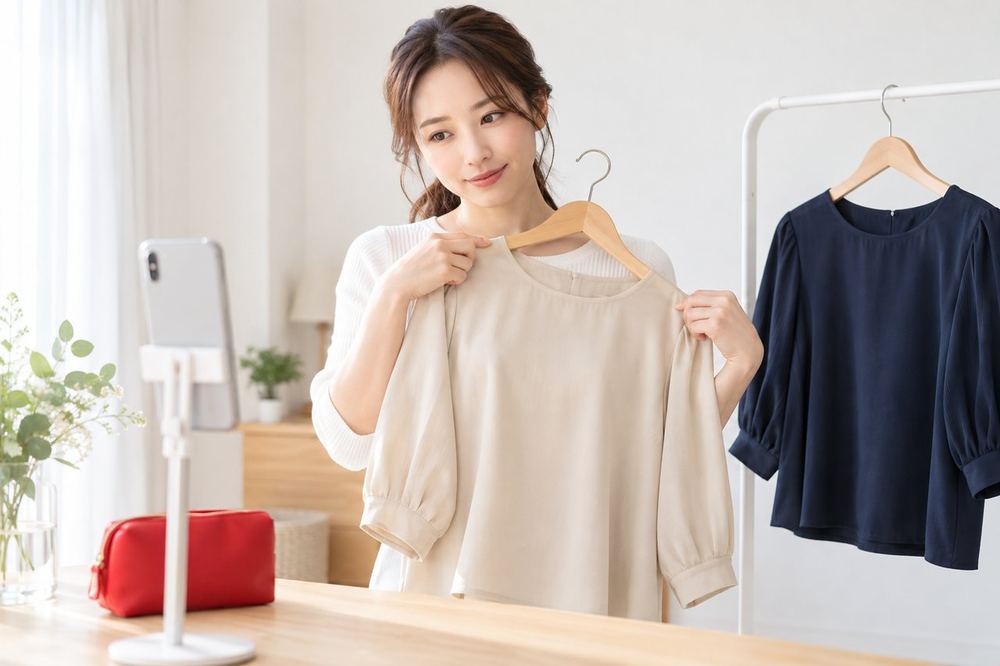 30代の女性が白い壁の前で、ベージュと紺のトップスを交互に当てて、スマホの画面で顔の見え方を比べている